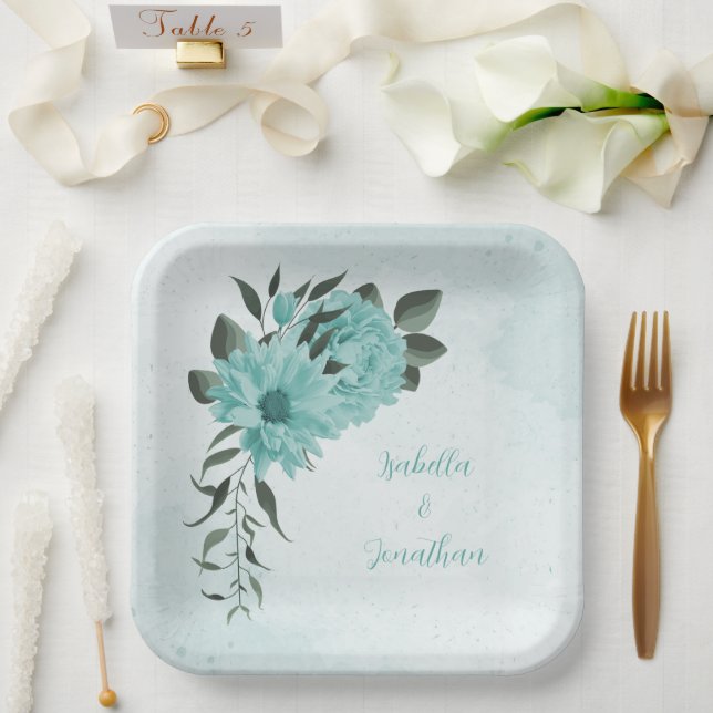 Plato De Papel flores azules y hojas verdes románticas (Boda)