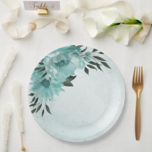 Plato De Papel flores azules y hojas verdes románticas