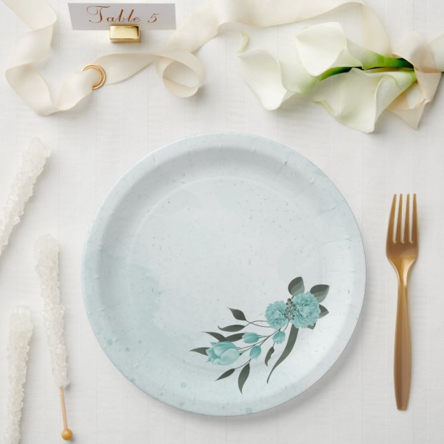 Plato De Papel flores azules y hojas verdes románticas (Boda)