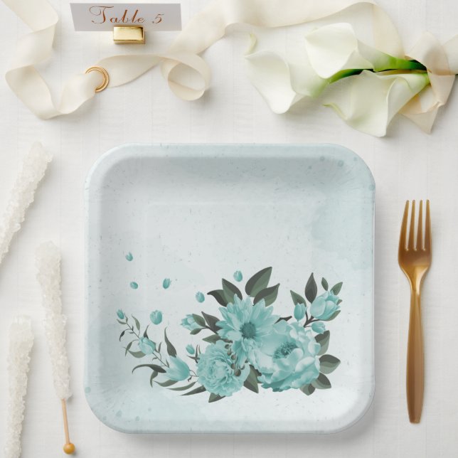 Plato De Papel flores azules y hojas verdes románticas (Boda)