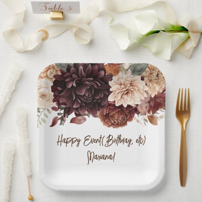 Plato De Papel Flores beige marrones fiesta floral (Boda)
