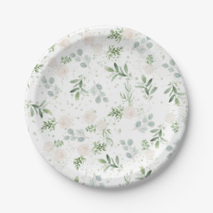 Plato De Papel Flores blancas acuarelas y hojas de eucalipto