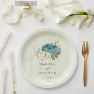 Plato De Papel flores blancas azules vegetación boda