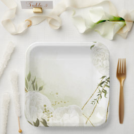 Plato De Papel Flores blancas boho hojas verdes botánicas