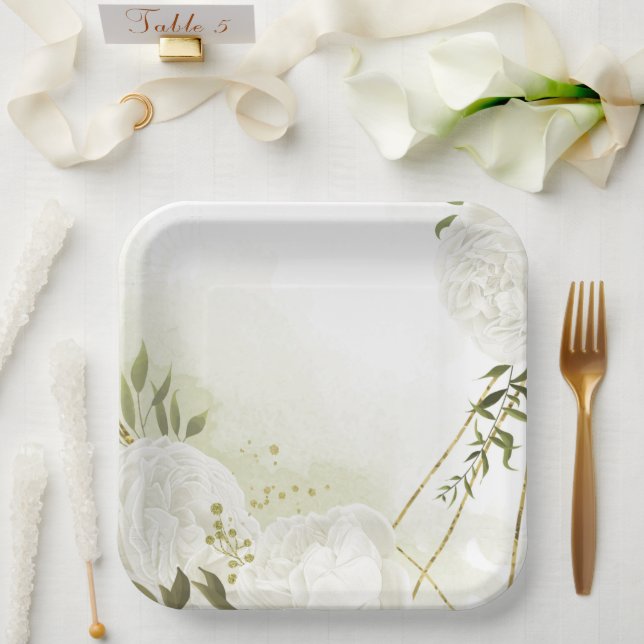 Plato De Papel Flores blancas boho hojas verdes botánicas (Boda)
