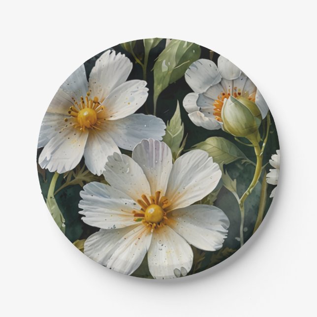 Plato De Papel Flores Blancas Elegantes Hermosas Acuarela Chic (Anverso)