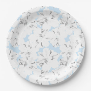 Plato De Papel Flores blancas en azul claro.