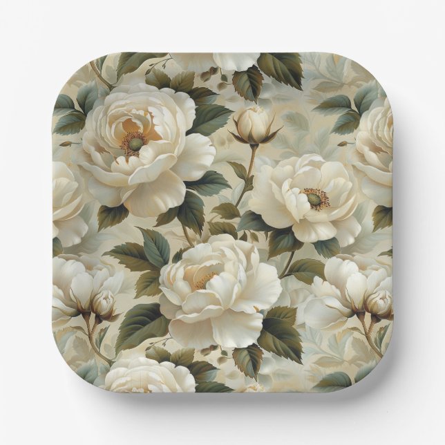 Plato De Papel Flores blancas en un fondo crema. (Anverso)