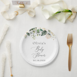 Plato De Papel Flores blancas, flores de crema, boho, Baby Shower