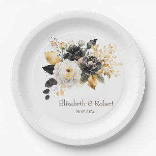Plato De Papel Flores Blancas Negras Doradas