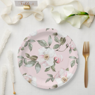 Plato De Papel Flores blancas rosadas de boda Pretty Blush