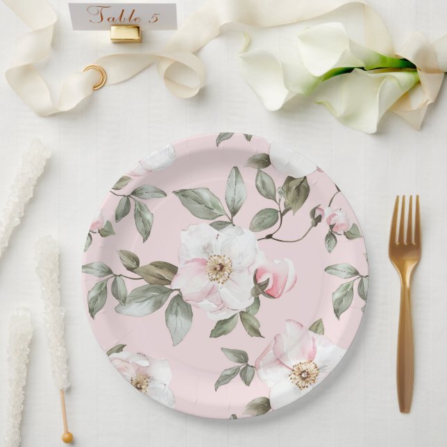 Plato De Papel Flores blancas rosadas de boda Pretty Blush (Boda)