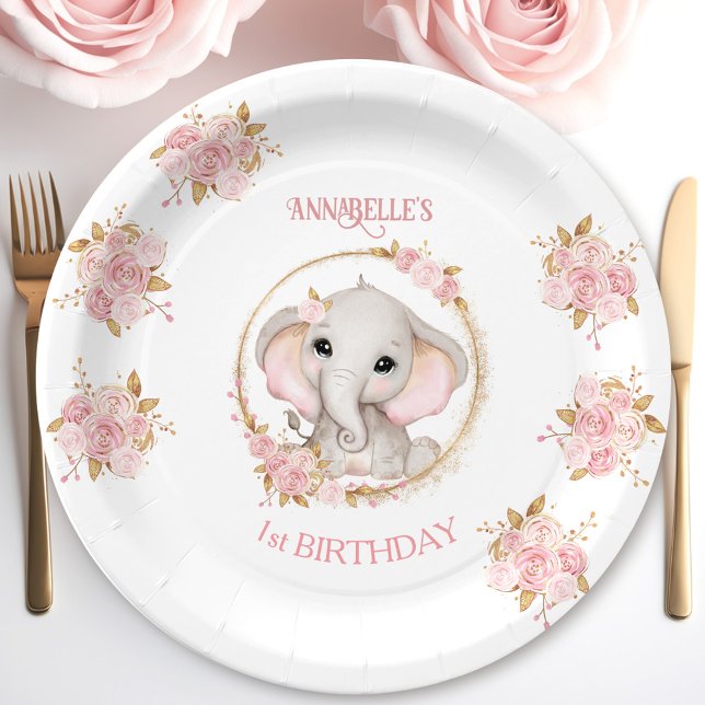 Plato De Papel Flores blancas rosadas de elefante lindo Chica de  (Cute Elephant Pink White Flowers Birthday Girl Paper Plates)