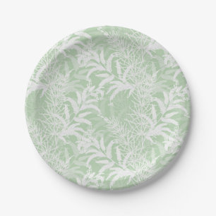 Plato De Papel Flores blancas sobre verde claro.