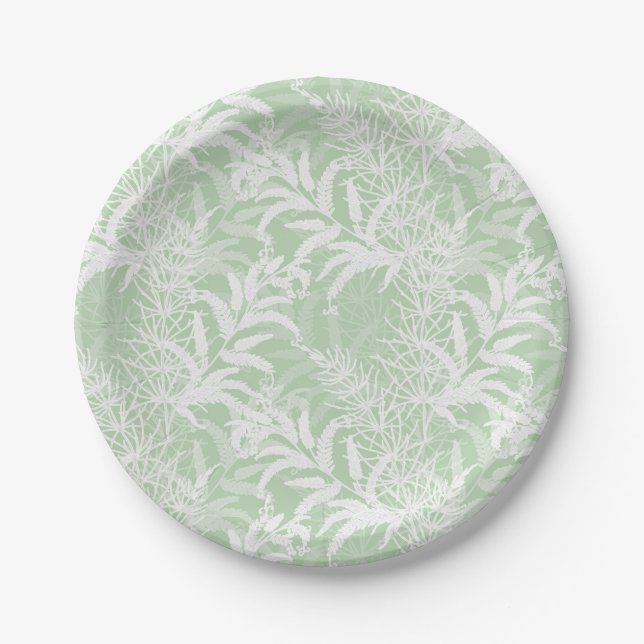 Plato De Papel Flores blancas sobre verde claro. (Anverso)