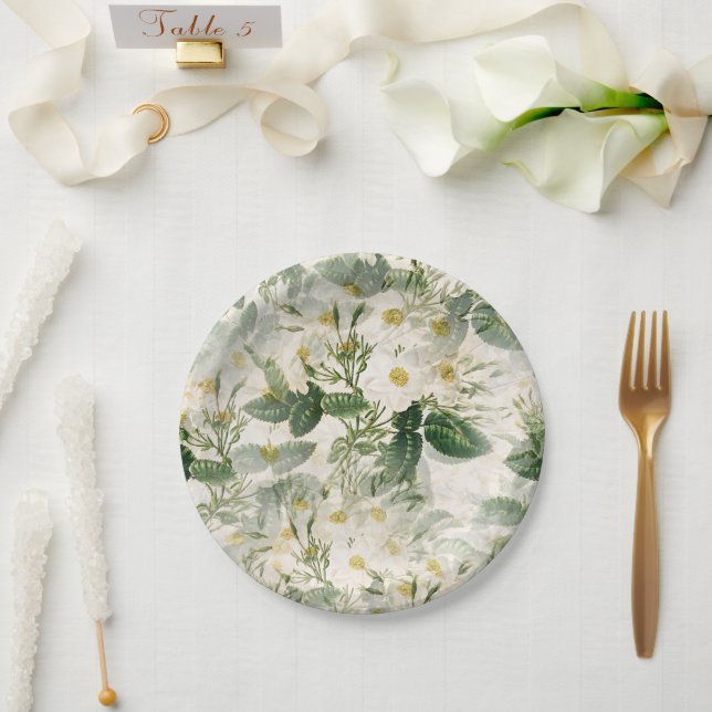Plato De Papel Flores blancas suaves y románticas y hojas verdes (Boda)