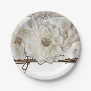 Plato De Papel Flores blancas y ducha nupcial de glam rústico bir