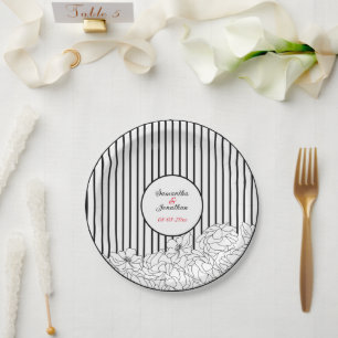 Plato De Papel Flores blancas y negras con rayas
