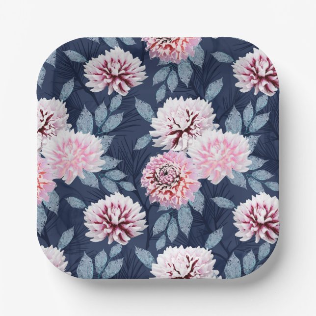 Plato De Papel Flores blancas y rosas sobre azul oscuro. (Anverso)