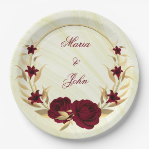 Plato De Papel flores borgoña hojas doradas corona mármol