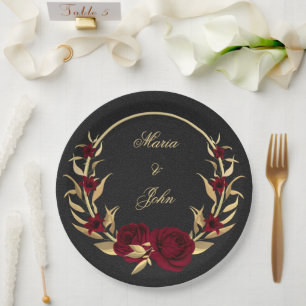 Plato De Papel flores borgoña hojas doradas corona negra