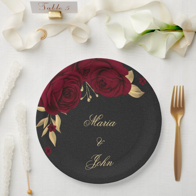 Plato De Papel flores borgoña hojas doradas negras (Boda)