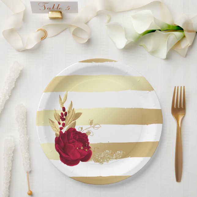 Plato De Papel flores borgoña y doradas (Boda)