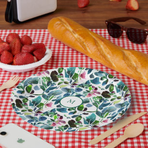 Plato De Papel Flores botánicas acuarelas elegantes monogramadas