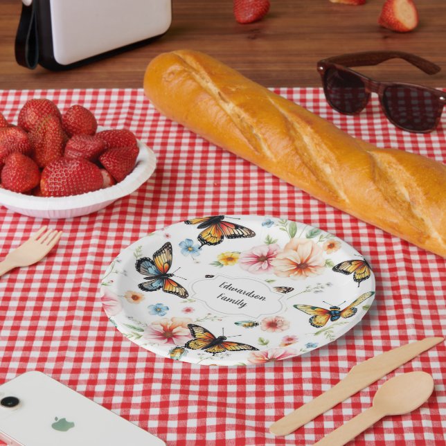 Plato De Papel Flores botánicas acuarelas elegantes monogramadas (Picnic)