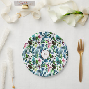 Plato De Papel Flores botánicas acuarelas elegantes monogramadas