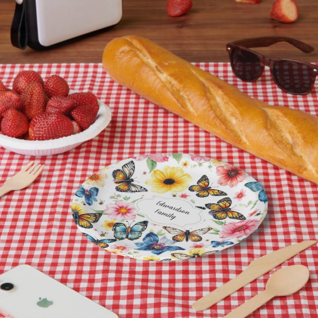 Plato De Papel Flores botánicas acuarelas elegantes monogramadas (Picnic)