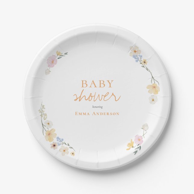 Plato De Papel flores botánicas boho Script baby shower  (Anverso)