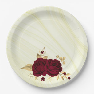 Plato De Papel flores burdeos hojas de oro de mármol