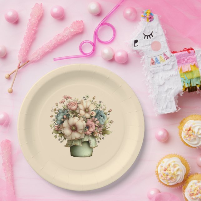 Plato De Papel Flores caprichosas en una maceta Cuadros (Fiesta)