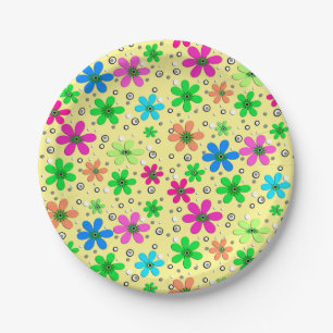 Plato De Papel Flores chamomiles brillantes multicolores sobre un