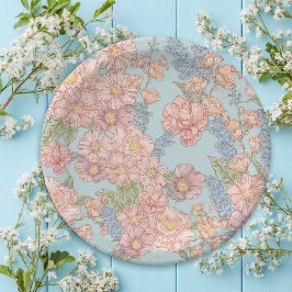 Plato De Papel Flores chic rosadas y azules