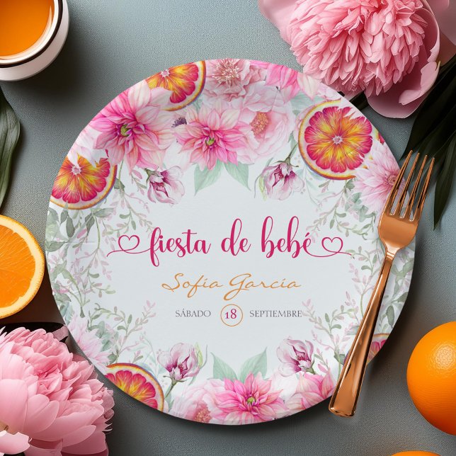 Plato De Papel Flores cítricas y rosas Fiesta Baby Shower español (Citrus & Pink Watercolor Flowers Baby Shower Paper Plates)