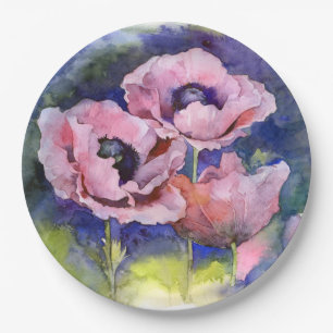 Plato De Papel Flores color agua flores rosadas de ilustracion de