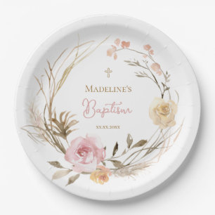 Plato De Papel flores color de agua rosa beige Baptismo