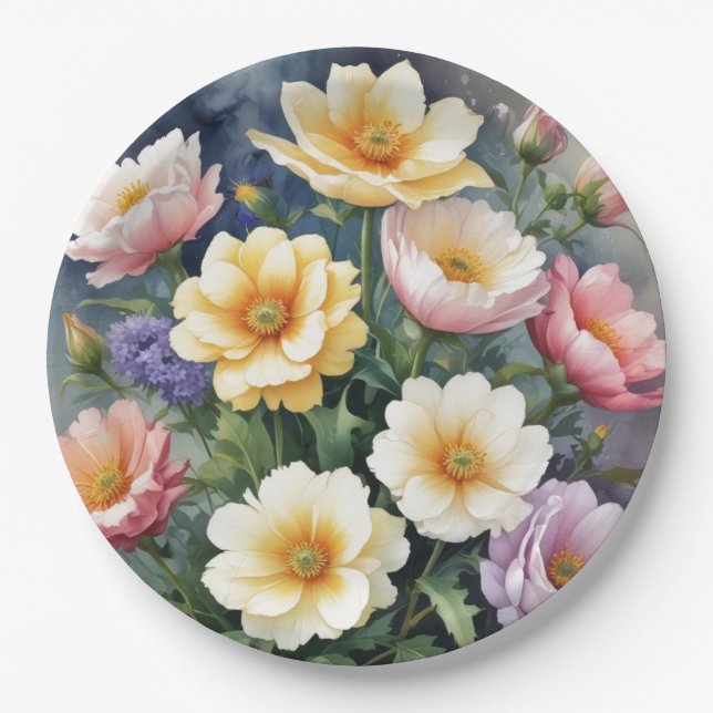 Plato De Papel Flores Coloridas Elegante Pintado Acuático (Anverso)