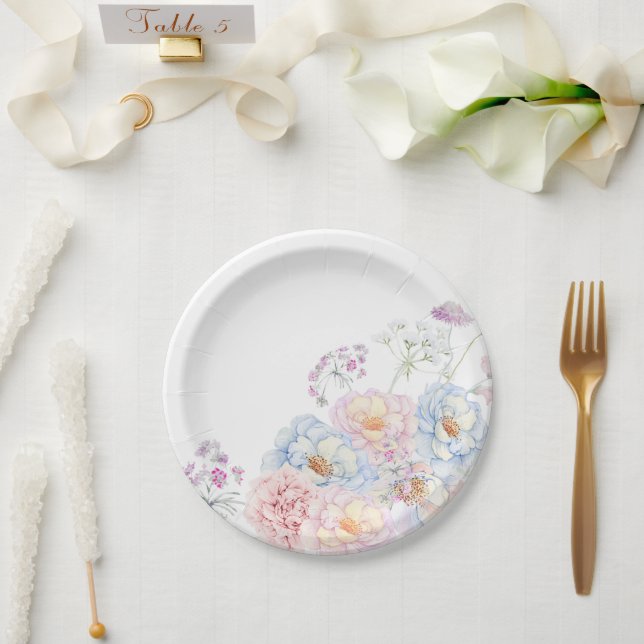 Plato De Papel Flores de Acuarela (Boda)