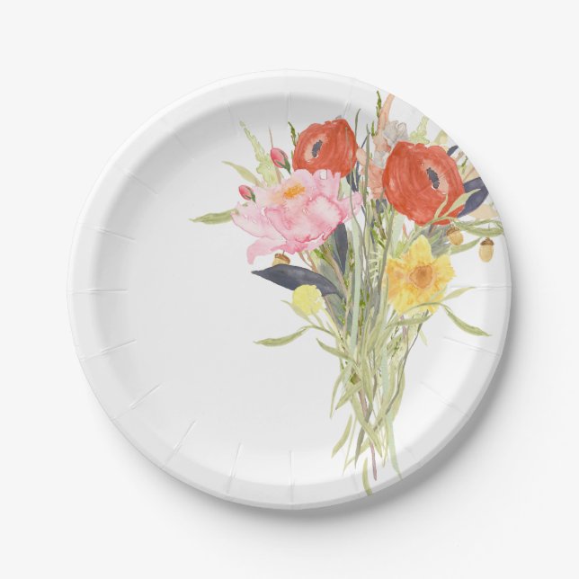 Plato De Papel Flores de Acuarela (Anverso)