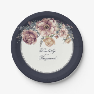 Plato De Papel Flores de acuarela azul y malva de la marina vinta