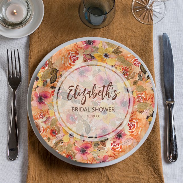Plato De Papel Flores de Acuarela de Otoño Despedida de Soltera (Autumn Watercolor Flowers Bridal Shower Paper Plates)