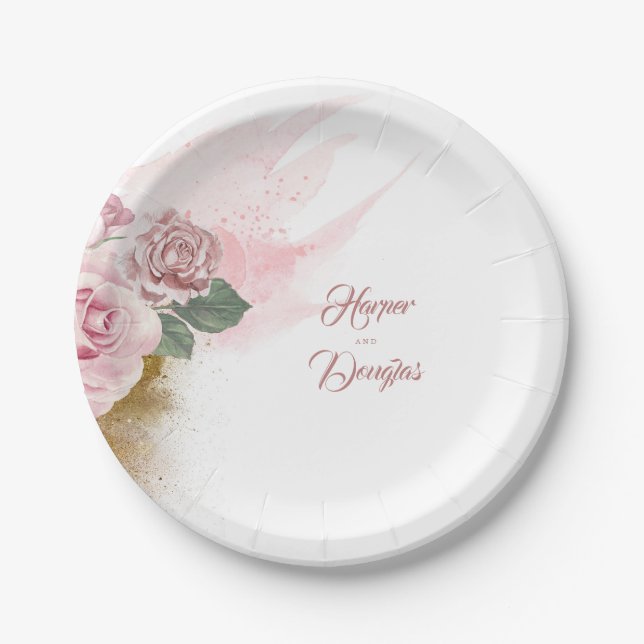 Plato De Papel Flores de acuarela de rosa polvorienta y brillo do (Anverso)