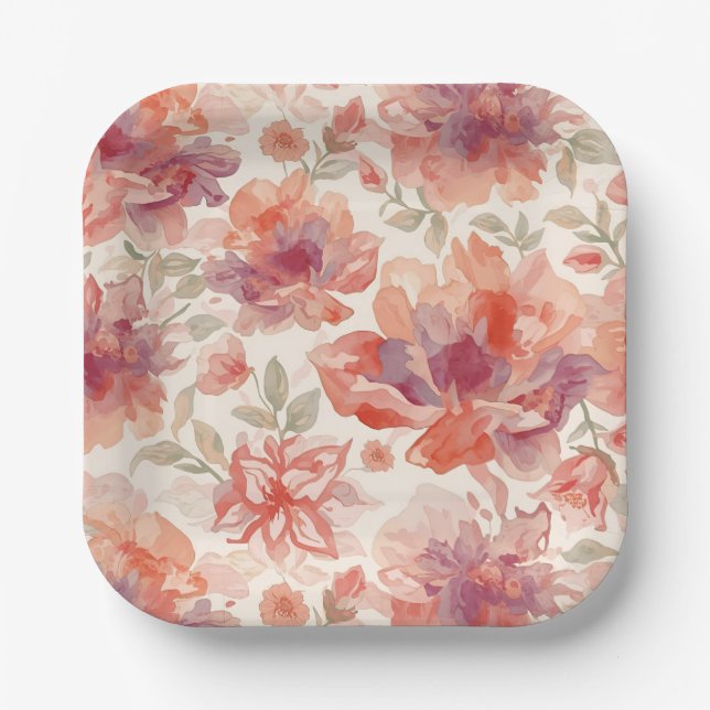 Plato De Papel Flores de acuarela pastel naranja claro (Anverso)