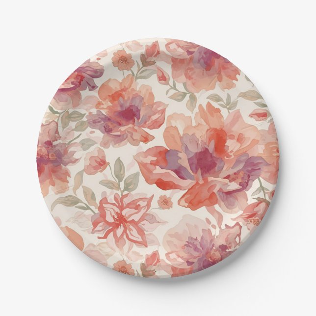 Plato De Papel Flores de acuarela pastel naranja claro (Anverso)