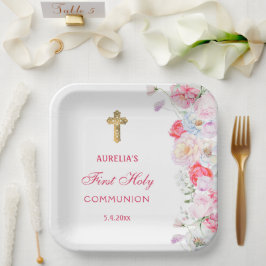 Plato De Papel Flores de acuarela Primera Comunión
