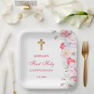 Plato De Papel Flores de acuarela Primera Comunión