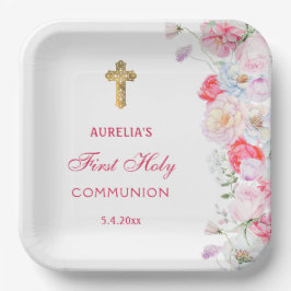 Plato De Papel Flores de acuarela Primera Comunión